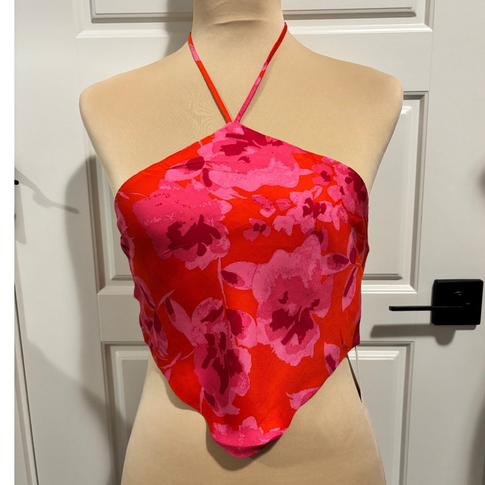 Olivaceous Halter Top Womens Small Red Pink Floral Handkerchief Tie Back New